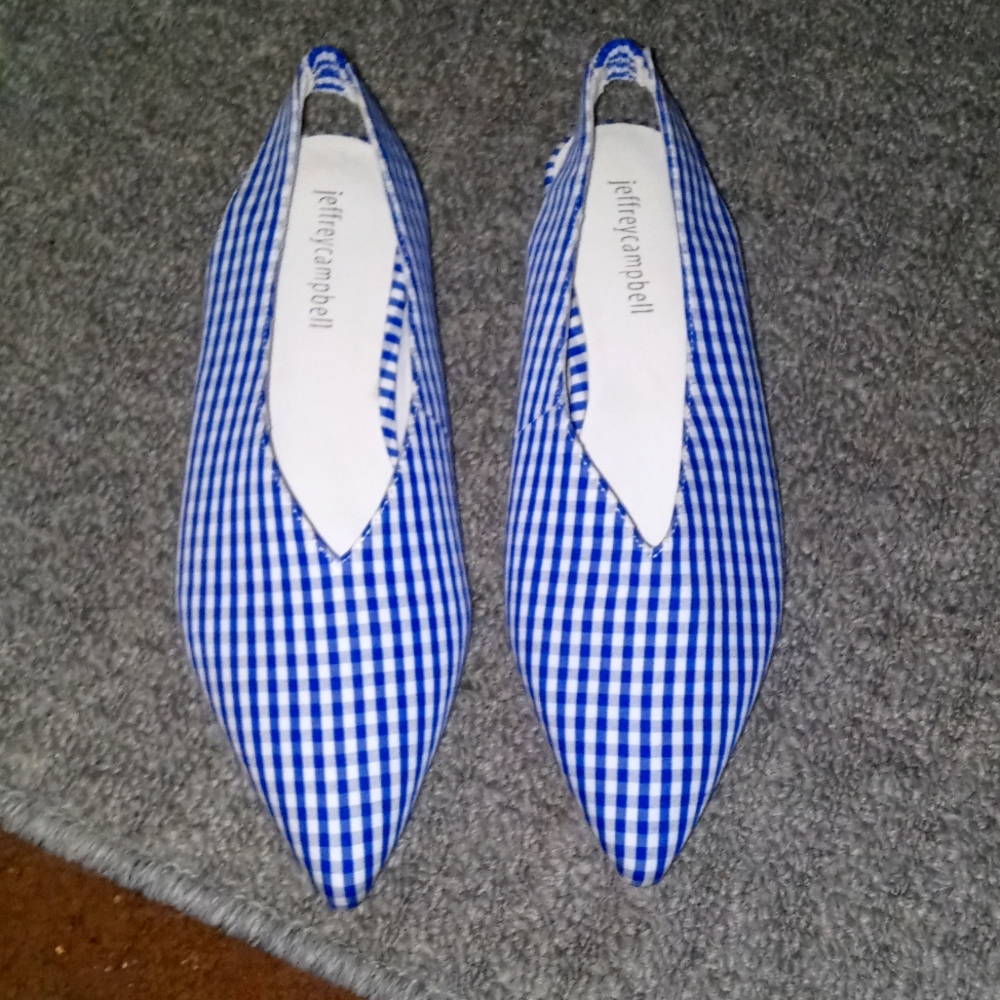 🆕 "JEFFREY CAMPBELL" blue/white plaid Pointed toe, elastic back flats @ SIZE: 8